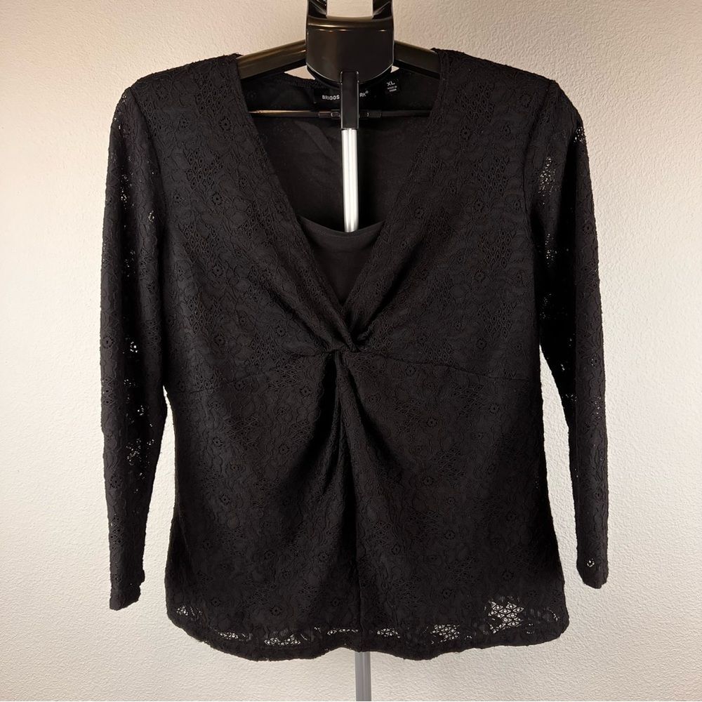 Briggs New York Black Lace Twist Front Top XL 3/4 Sleeve Stretch Blouse Women